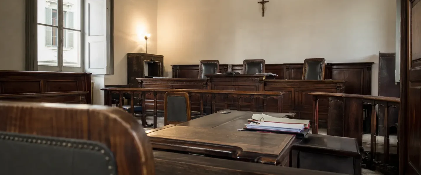 Aula di tribunale italiana vuota con un crocifisso sopra il banco dei giudici.