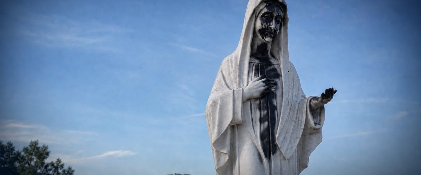 Statua della Madonna di Medjugorje con vernice nera sul volto, sul busto e sulle mani.