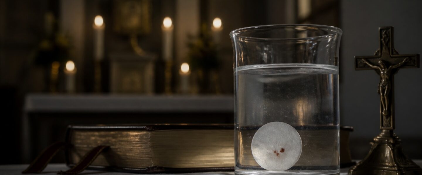 Illustrazione di un’Ostia in un recipiente d’acqua per il caso eucaristico segnalato a Cuilapa
